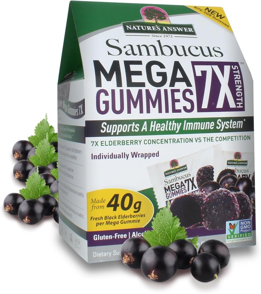 risposta della natura Sambucus Mega Gummies | 7X Più concentrazione di sambuco | senza alcool, senza glutine, senza gelatina, Vegan, non OGM & No Preservative | 30ct Gummies (pacchetto di 2)