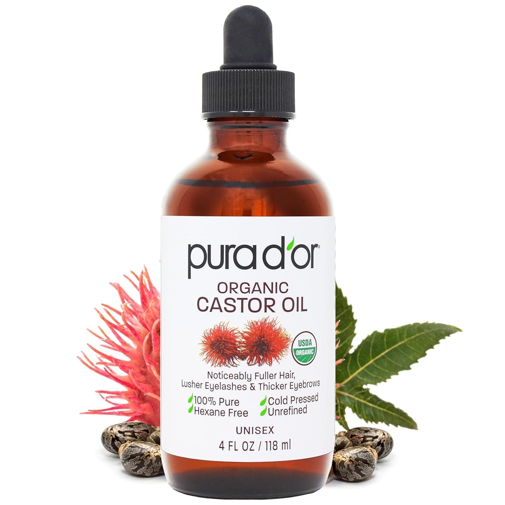 Olio di ricino ORGANICO PURA D'OR 4 Oz - 100% Pure USDA Certified Cold Pressed, Hexane Free Eyelash & Eyebrow Serum - Per Fuller, Thicker Lashes & Brows - Skin & Hair