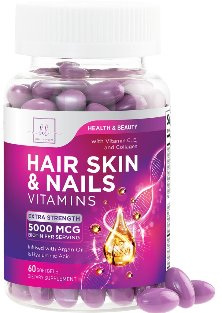 Hair, Skin & Nails Vitamine per le donne - Biotin 5000mcg per sostenere la crescita dei capelli con l'olio di Argan, il collagene e l'acido ialuronico, bella, pelle più forte, Hair & Nails supplemento di vitamina - 60 Softgels