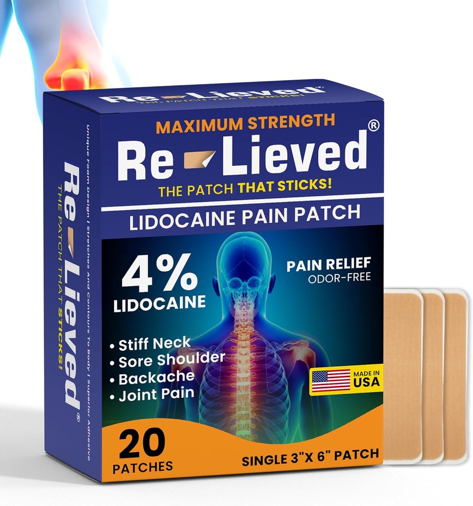 Re-Lieved 4% lidocaina Patches Massima resistenza - Alluminio-Free, Water Resistant e USA Made -Superior Sticking Pain Relief Patch Allevia rapidamente indietro, Giunti e Muscolo Pain-3x6 pollici (20 Conte)