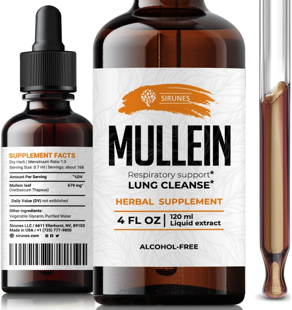 SIRUNES Mullein Leaf Verbascum Thapsus Integratore alimentare - Promuovere polmone, Respiratorio (Mullein 4Fl Oz)