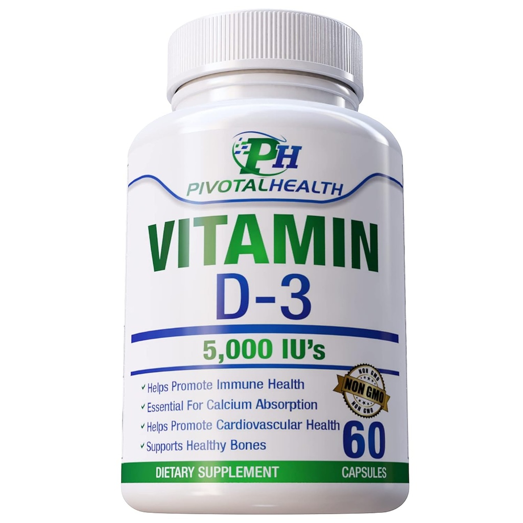 Prodotti PIvotal Health: Vitamina D3 5.000 UI - 5.000 UI di vitamina D in forma di capsula. Facile da ingoiare e funziona velocemente