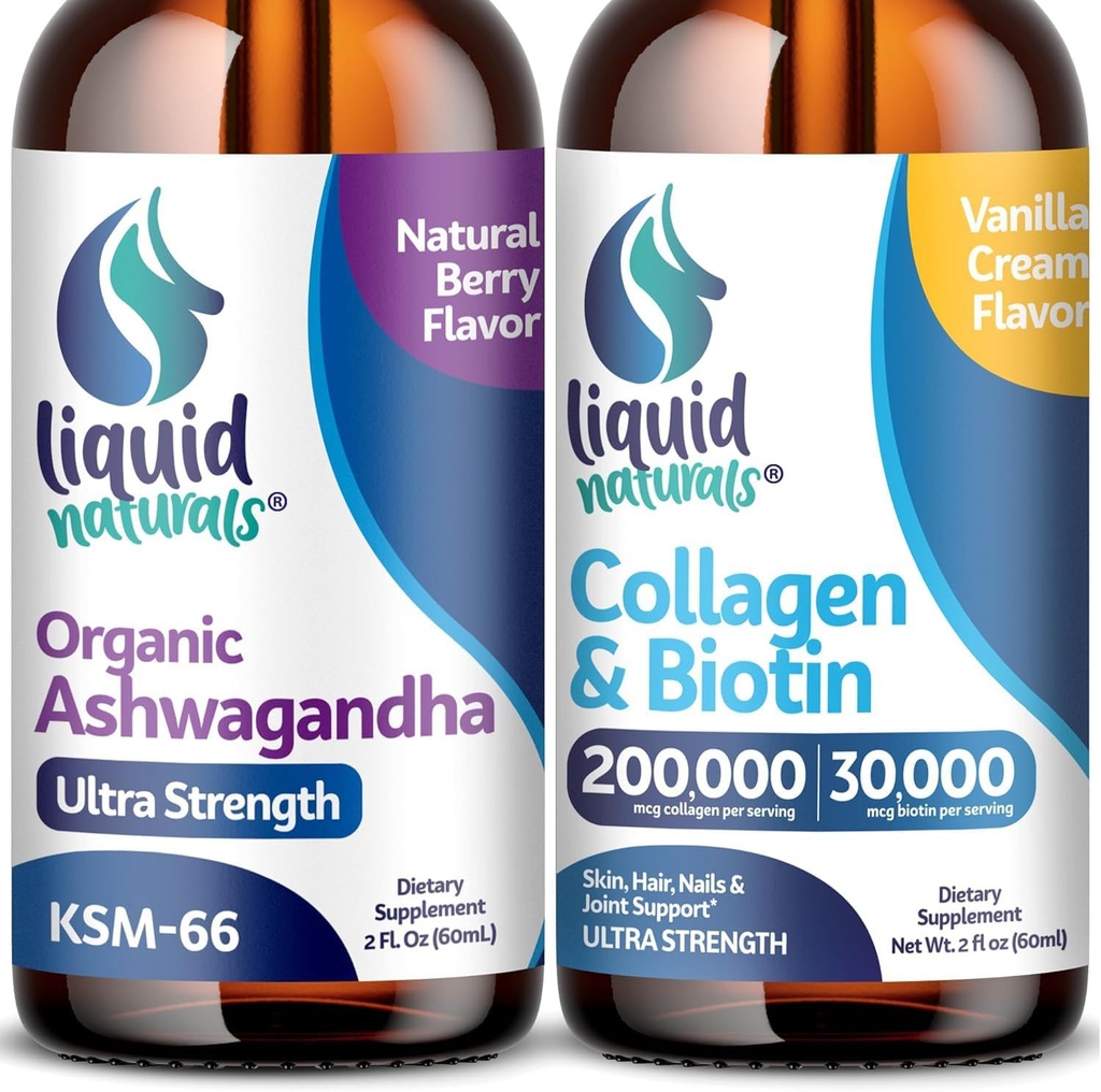 Collage liquido, 2 Fl. Oz Ultra-Strength Collagen liquido per le donne, Vitamina B7 Peptidi di collagene, Biotina e collagene Integratori Şooo Ashwagandha Gocce - 2000mg - 6X Più forte di pillole e capsule, Come