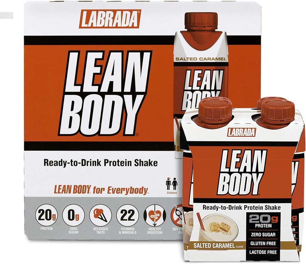 LABRADA NUTRITION - Lean Body RTD Whey Protein Shake, Conveniente On-The-Go Meal Sostituzione Shake for Men & Women, 20 grammi di Protein – Zero Sugar, Lactose & Gluten Free, Salted Caramel (Pack of 16)
