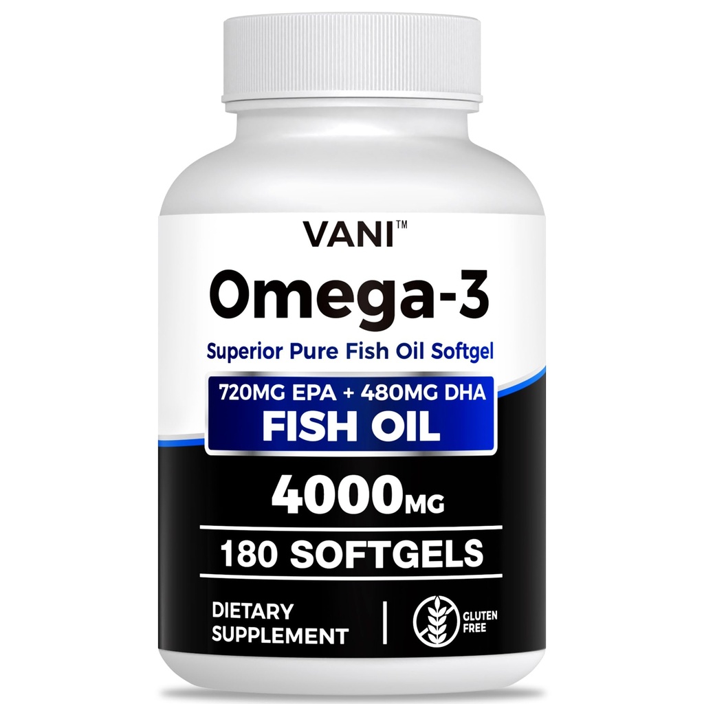 Olio di pesce Omega 3 (4000mg), 180 Softgels,Omega 3 Integratori di acidi grassi con EPA & DHA per la salute del cervello e del cuore*