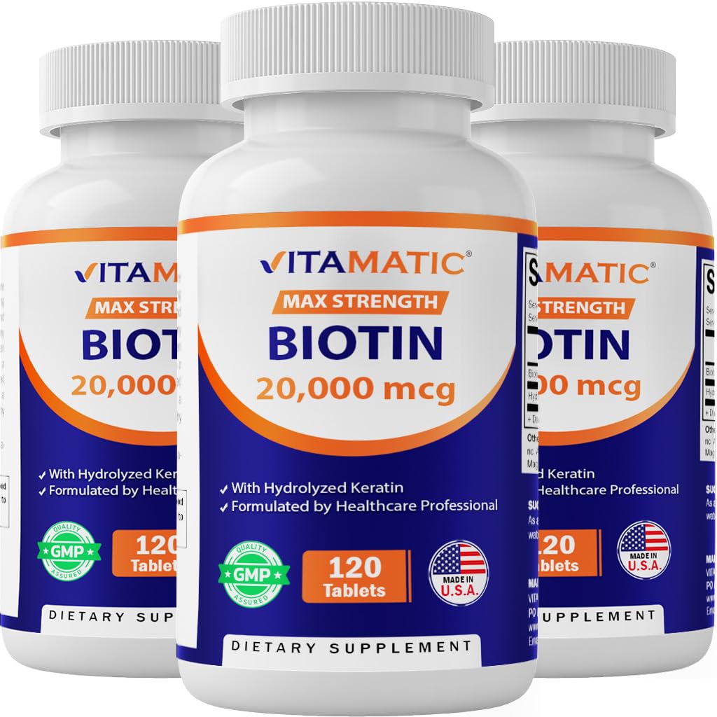 Vitamatic High Potency Biotin 20000 mcg (20mg) con Keratin 100mg - 120 compresse vegetariane - Integratori biotina per pelli sane e chiodi per adulti (120 Conteggio (Pack of 3))