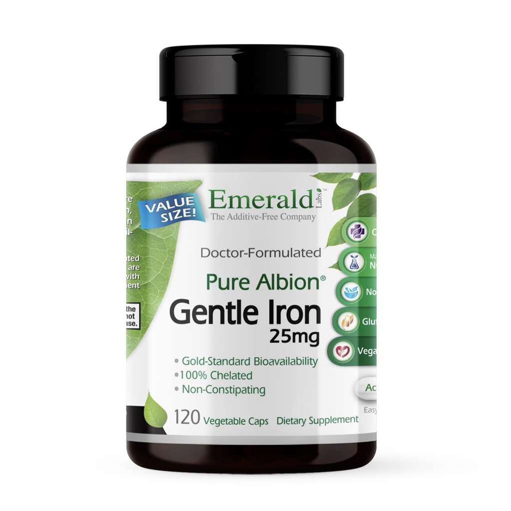 Emerald Labs Gentle Iron 25mg - Ferrous Bisglycinate Chelate - Supplemento di ferro chelato che supporta l'energia, l'occhio, l'immunità e la salute del cuore - 120 capsule vegetali (alimentazione 120-giorno)