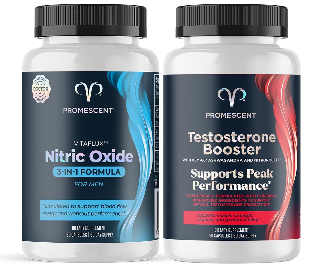 Promescent VitaFLUX Nitric Oxide Supplemento, L Arginine l Quality Citrulline Supplementi per gli uomini + Testosterone Booster per gli uomini Supplemento w/Tongkat Ali (LongJack), KSM-66 Ashwagandha