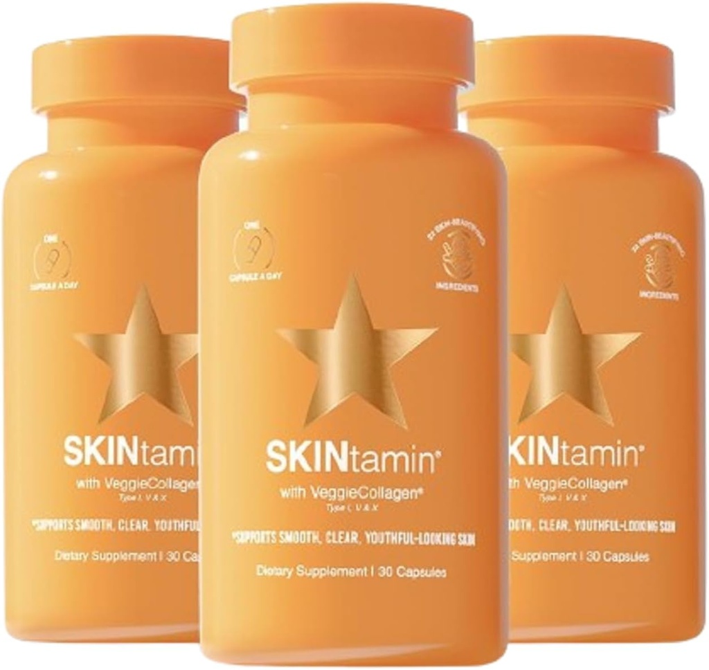 Pillole di collagene vegetariano SKINtamin | Migliori integratori di collagene per le donne per sostenere la compattezza della pelle e le rughe | Supplemento della pelle formulato per aiutare a ridurre le Blemishes (30 conteggio (Pack of 3))
