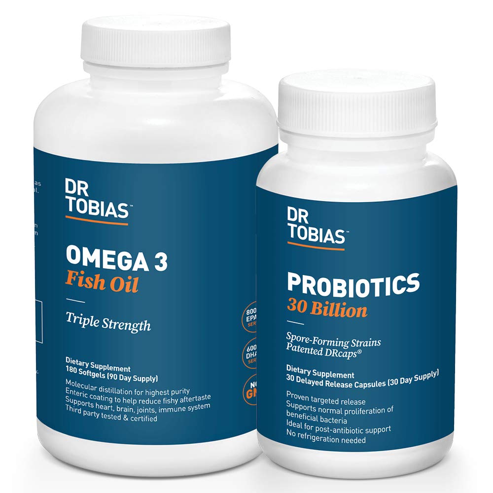 Dr. Tobias Probiotics 30 miliardi e Omega 3 Fish Oil (2000 mg) per il supporto digestivo & salute generale