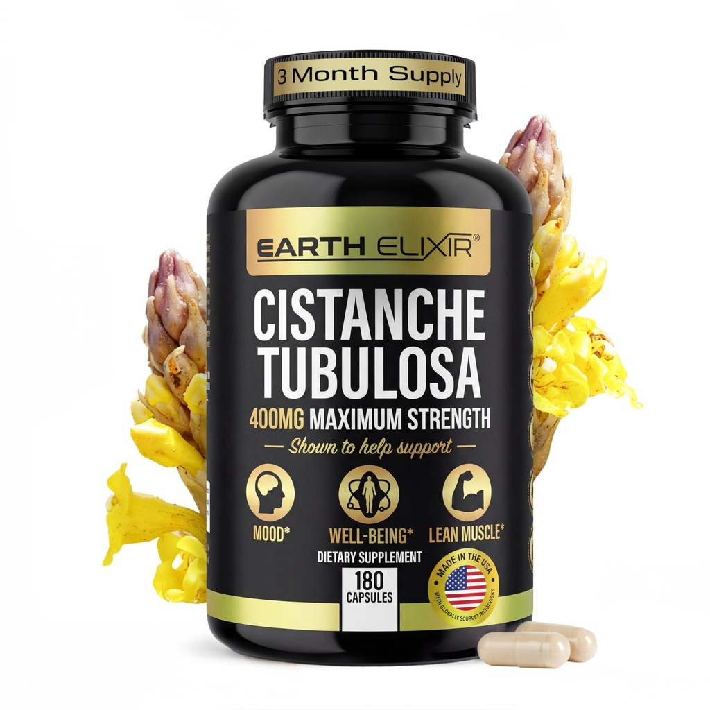 Earth Elixir Cistanche Tubulosa 400 mg (180 capsule) 3 mesi di fornitura – Made in USA - 3rd Party Tested - Cistanche Supplement - Zero Fillers - Max Purity - Nootropics - 100% Pure Cistanche Herb