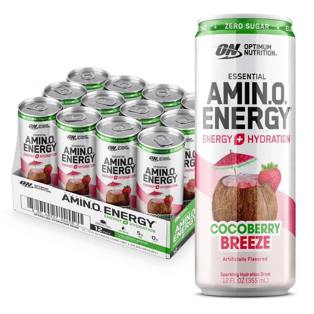 Optimum Nutrition Amino Energy Sparkling Hydration Drink, Electrolytes, Caffeina, Aminoacidi, BCAAs, Sugar Free, Cocoberry Breeze, 12 Fl Oz, 12 Pack (Packaging May Vary)