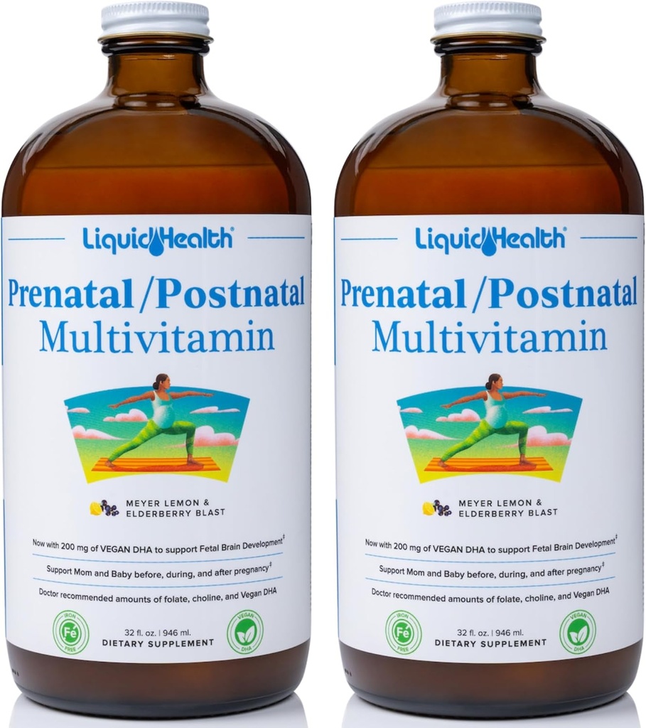 LIQUIDHEALTH Prenatal/Postnatal Multivitaminico Liquido Donna con Folato Reale - Vitamine Pre e Postnatali per Prima, Durante, Dopo la Gravidanza - Made in USA, Vegan, Senza Zucchero, Non OGM (2 Confezione)