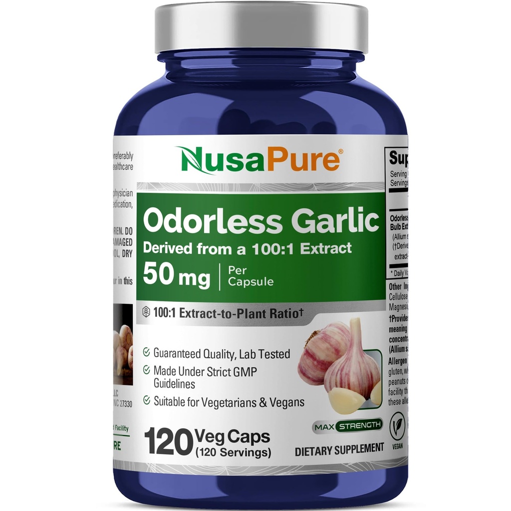 NusaPure Aglio Inodore 100:1 Estratto, 50 mg Equivalente a 5000mg Capsule | 120 Caps Veggie | Alta potenza | Supplemento di erbe | Non OGM
