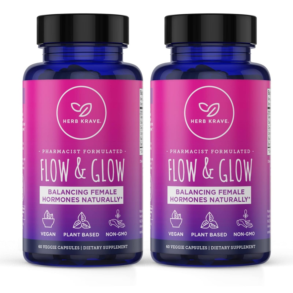 Flusso e Glow Equilibrio di ormone naturale per le donne - PMS & Menopause Rilievo per Cramps, Mood Sweats & Night Sweats con Donq Quai & Black Cohosh per Menopause - 60 Vegan Capsules (2 Pack)