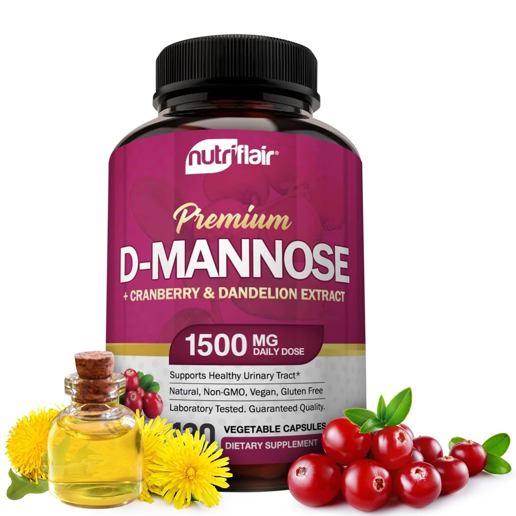 NutriFlair D-Mannose 1200mg, 120 capsule - con estratto di mirtillo e dente di leone - Natural Urinary Tract Health UTI Support - Migliore D Mannose Powder - Flush Impurities, Detox Body, per le donne e gli uomini
