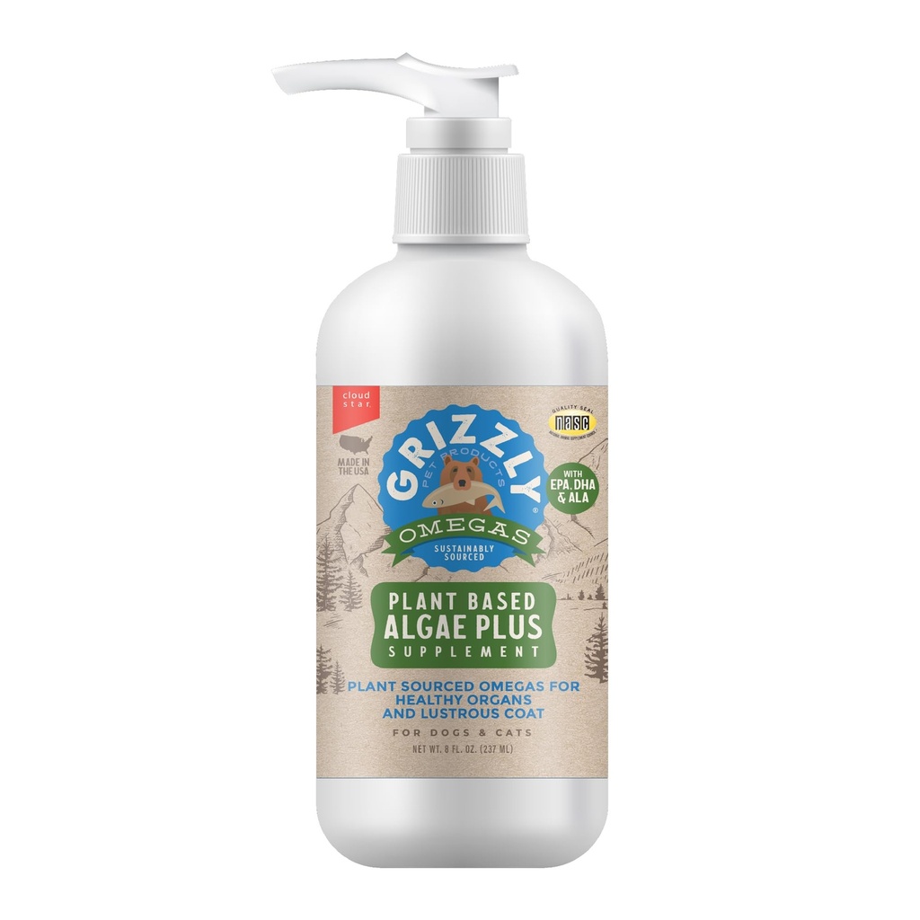 Grizzly Pet Prodotti Algal Plus Omega 3-6-9 Integratore alimentare per cani e gatti, Bottiglia di 8 once
