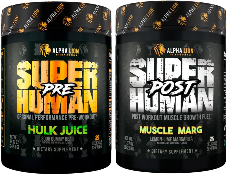 ALPHA LION Superhuman Pre Workout Powder & Post Workout Recovery Bundle, Sustain Energy & Focus + Lean Muscle Growth, Strength & Volume (Hulk Juice & Muscle Marg