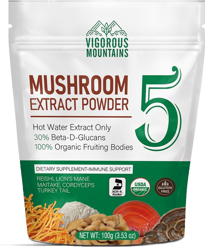 VIGOROUS MOUNTAINS Organic Mushroom Powder Supplement - Certificato USDA, Lions Mane & Reishi per il supporto immunitario, Brain Focus, Vegan, Mixes Instantly in Coffee & Smoothies (100g)