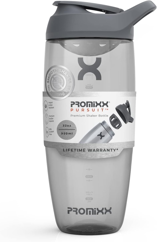 Promix Pursuit Protein Shaker Bottiglia (32 oz) – Silent No-Ball Mixer, Leak-Proof Lid, BPA/BPS & Phthalate-Free ECOZEN – Easy-Clean Shaker Cup for Protein Shakes, Pre & Post-Workout Smoothies