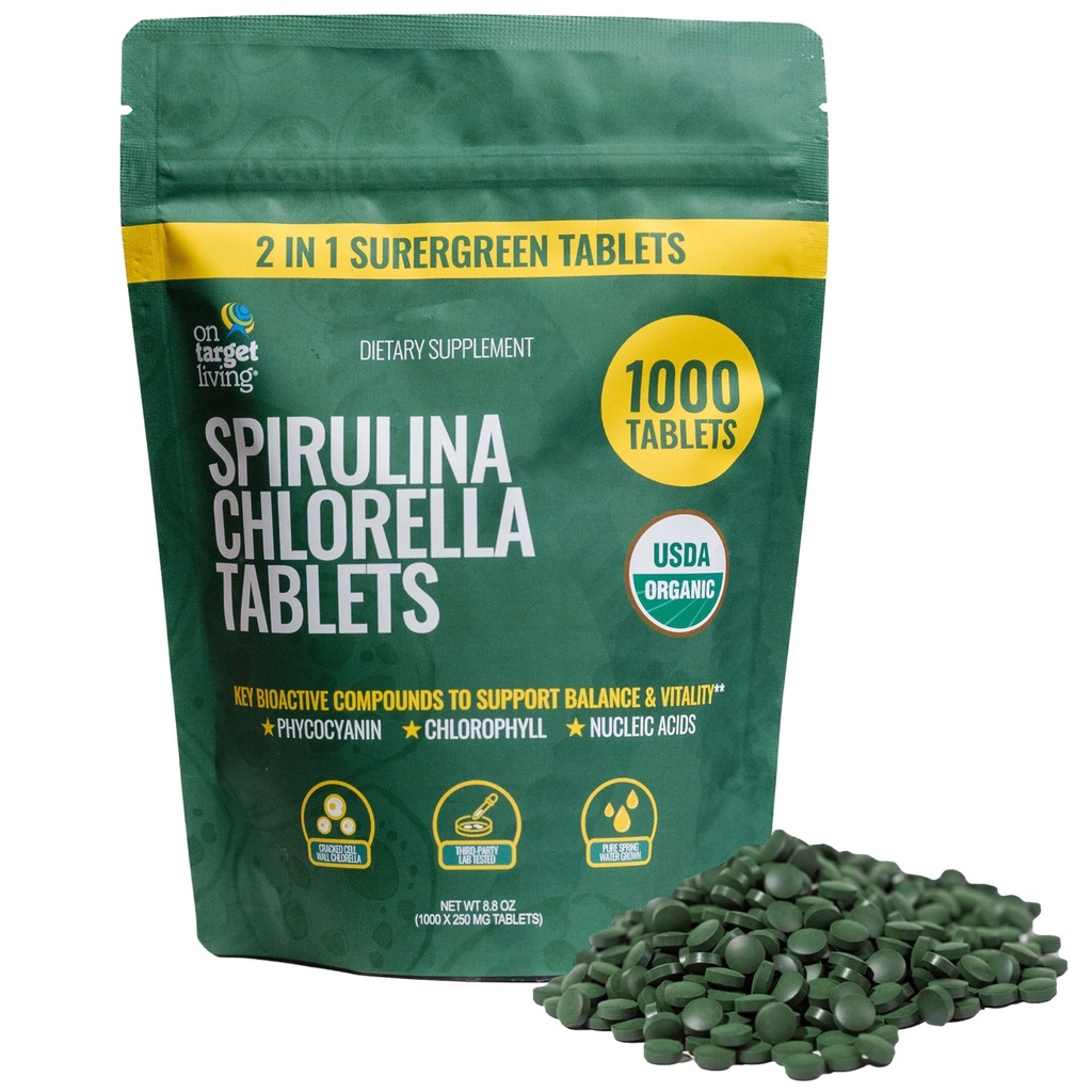 Su Target Living Organic Spirulina Chlorella | Supergreens | USDA Organic | 1000 compresse - 250 G (8.8 oz) | Vegan | Supporto immunitario | Alkalyzing | Nutrient Dense | Protein Dense