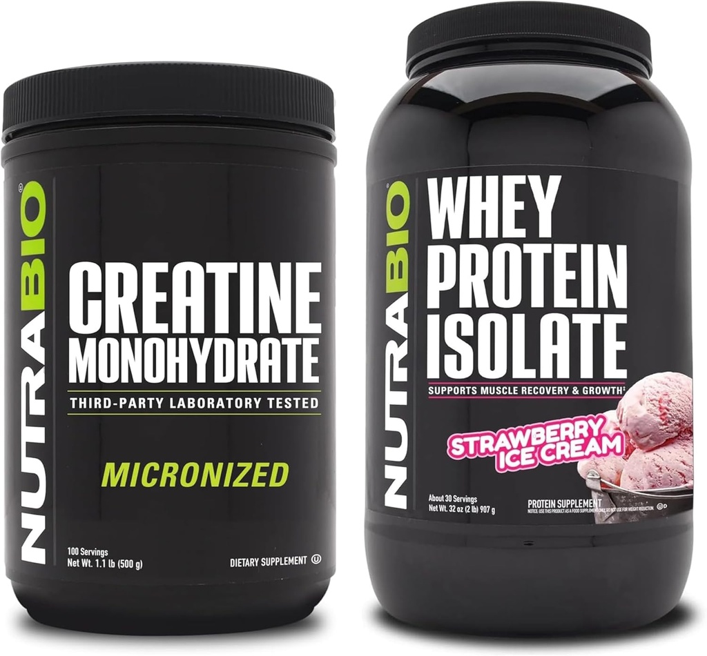 NutraBio Creatina monoidrato, non aromatizzato, isolato di proteine di 500g e di siero, gelato alla fragola, supplemento Bundle - energia muscolare, crescita muscolare magra, recupero e resistenza