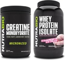 NutraBio Creatina monoidrato, non aromatizzato, isolato di proteine di 500g e di siero, gelato alla fragola, supplemento Bundle - energia muscolare, crescita muscolare magra, recupero e resistenza