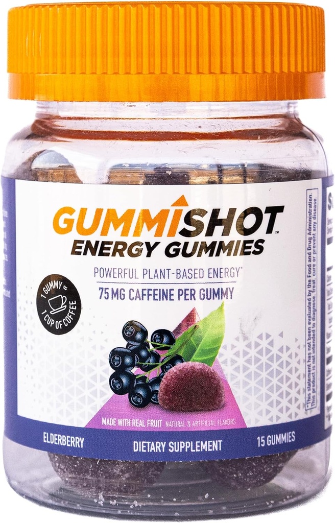 GummiShot Energy Gummies, 1125 mg di chews di caffeina piantati per bottiglia, Booster di energia duratura lunga, Elderberry (15ct)