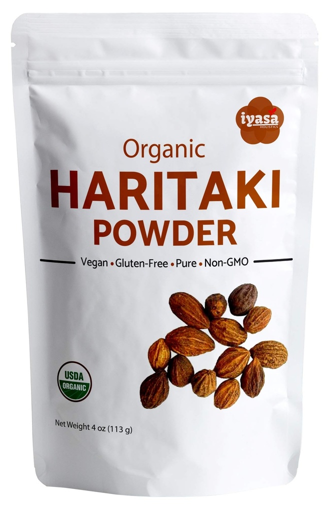 Iyasa Holistics Organic Haritaki Powder, Harde, Harad, Terminalia chebula, Kadakapudi, Ayurveda erba per la digestione, Rilievo del gas, Funzione di sana telo, superfood, Sacchetto Risabilabile di 4 oz