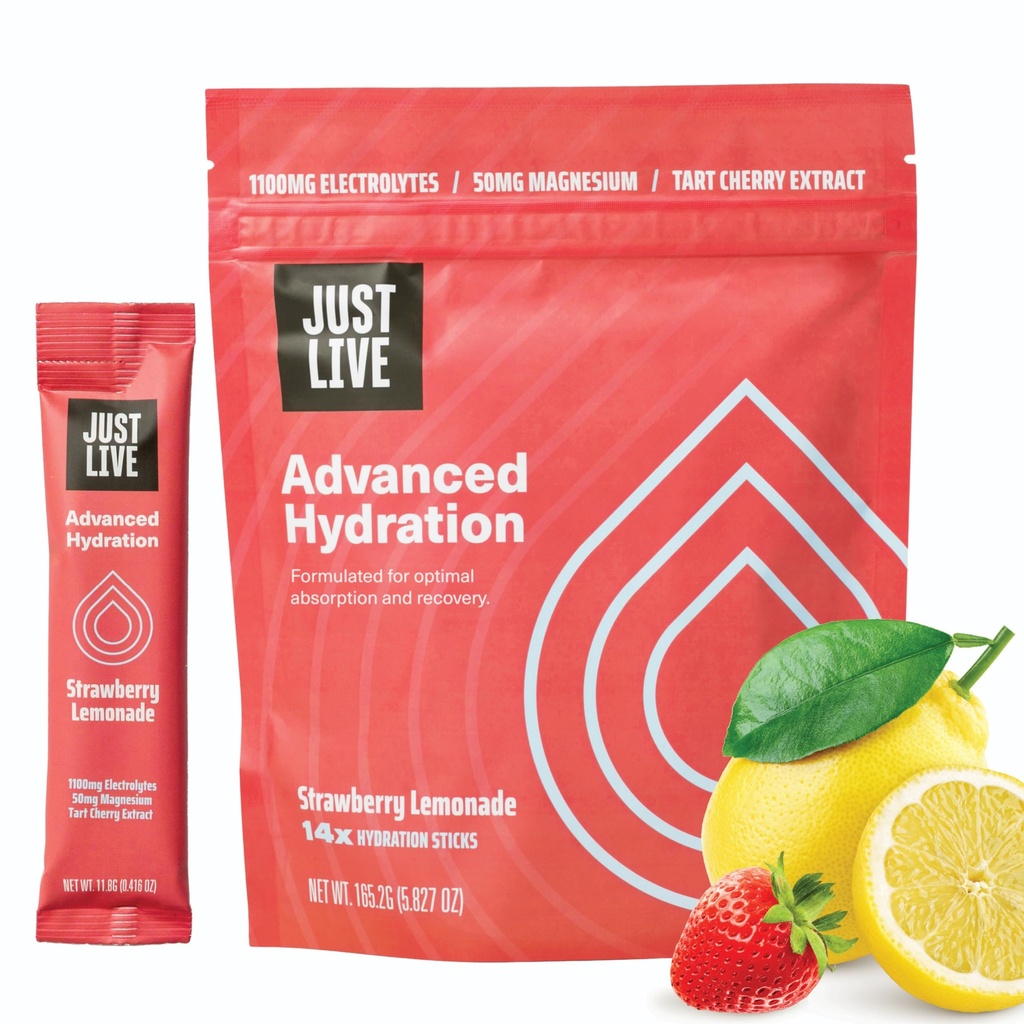 Semplicemente vivere l'idratazione avanzata - Limonata di fragole, Miscela di bevanda di elettrolita, Estratto di ciliegie di Tart, Supporti di recupero & assorbimento, Basso zucchero, 14 Pack