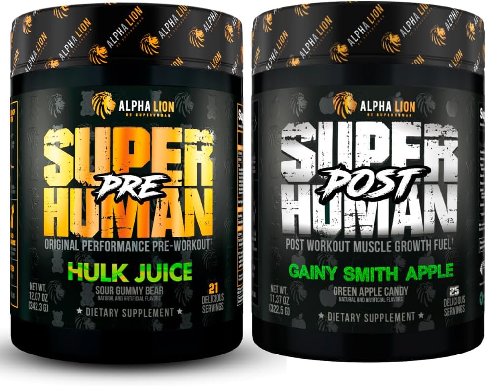 ALPHA LION Superhuman Pre Workout Powder & Post Workout Recovery Bundle, Sustain Energy & Focus + Lean Muscle Growth, Strength & Volume (Hulk Juice & Gainy Smith Apple)