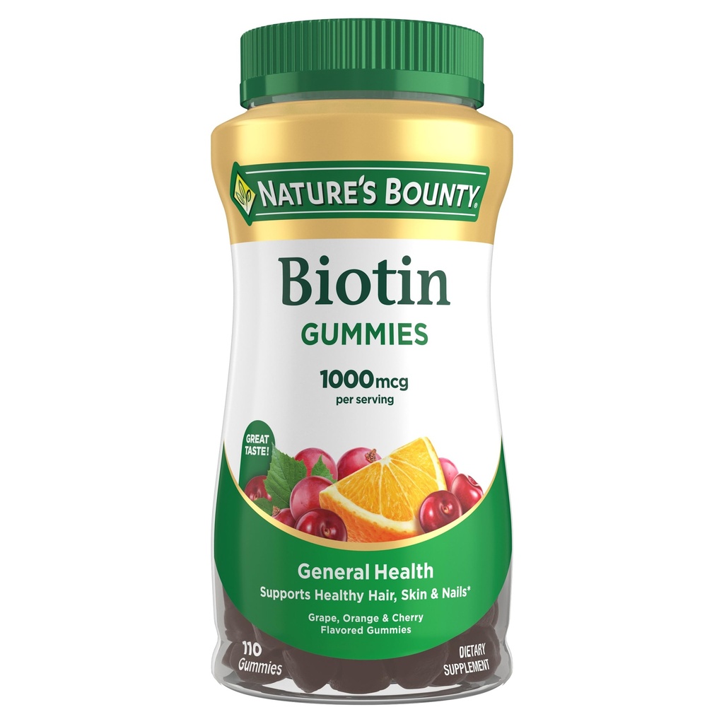 Gomma Biotina Bounty della natura, Supplemento di vitamina, Supporta capelli sani, pelle e unghie, Gummie aromatizzate alla frutta, 1000 mcg, 110 Conte