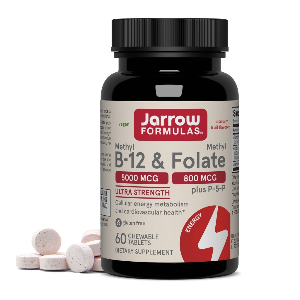 Jarrow Formulas Methyl B-12 & Methyl Folate - 60 Chewable Tablets, Cherry - Bioactive Vitamin B12 & B9 - Supporta la produzione di energia, Funzione del cervello & Metabolismo - Gluten Free - 60 Serve