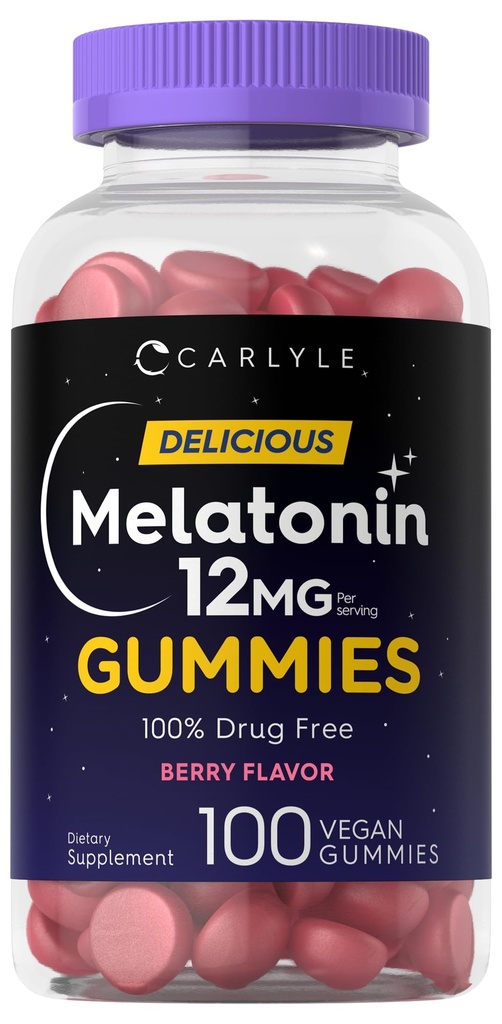 Carlyle Melatonin Gummies 12mg | 100 Count | Berry Flavor | Vegan Supplement | Non OGM, Gluten Free