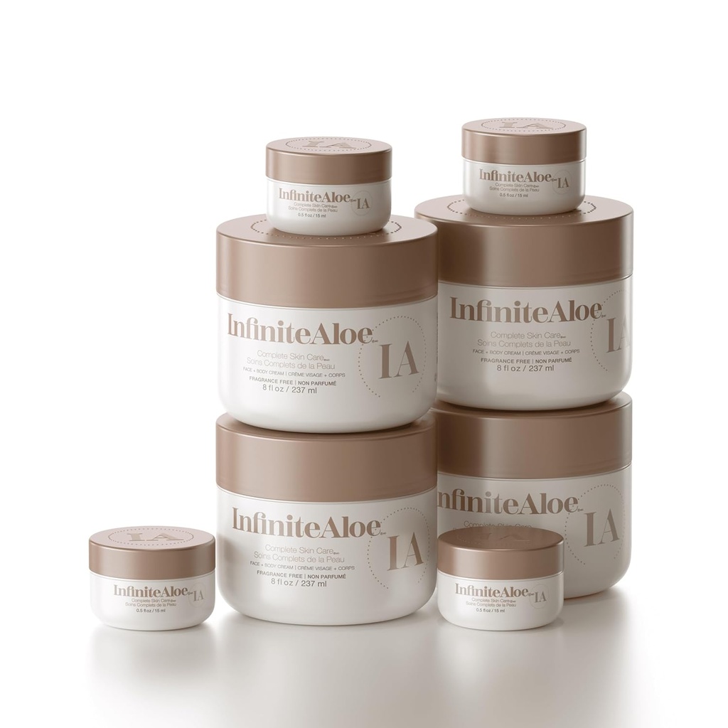 InfiniteAloe Cura della pelle completa, Aloe Vera Alimentato viso e crema per il corpo per la pelle secca Rilievo, Fragranza Gratis - 4 Grande Vaso 8 oz & 4 Vaso da viaggio 0.5 oz
