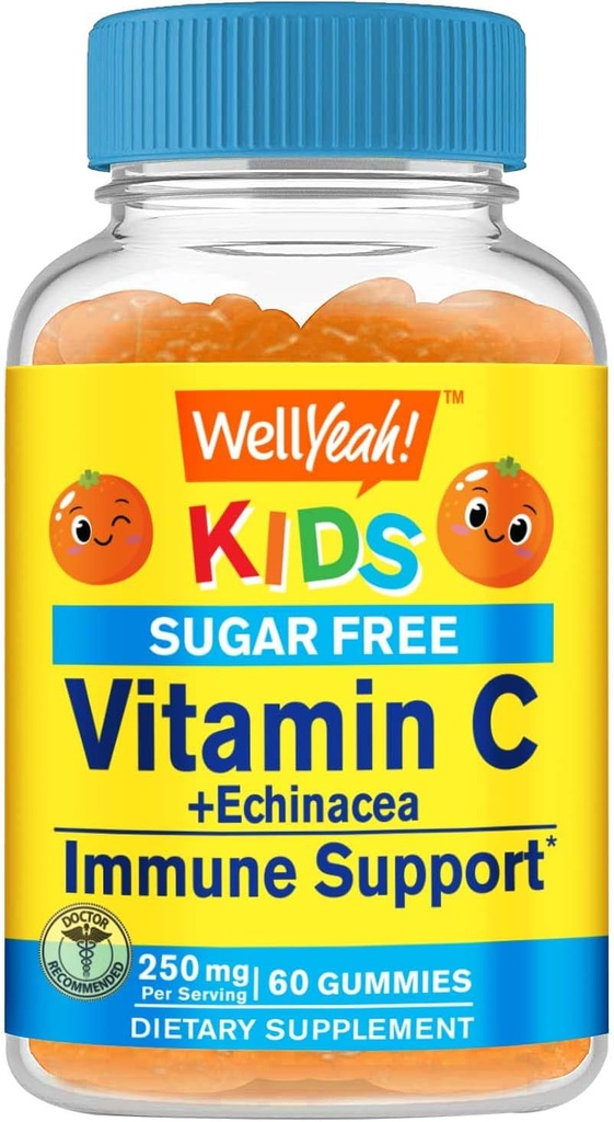 WellYes Echinacea (5 mg) con Vitamina C (250 mg) Zucchero Gummies gratuito per bambini|Immune Support Supplement | Arancione Flavor | 60 Count