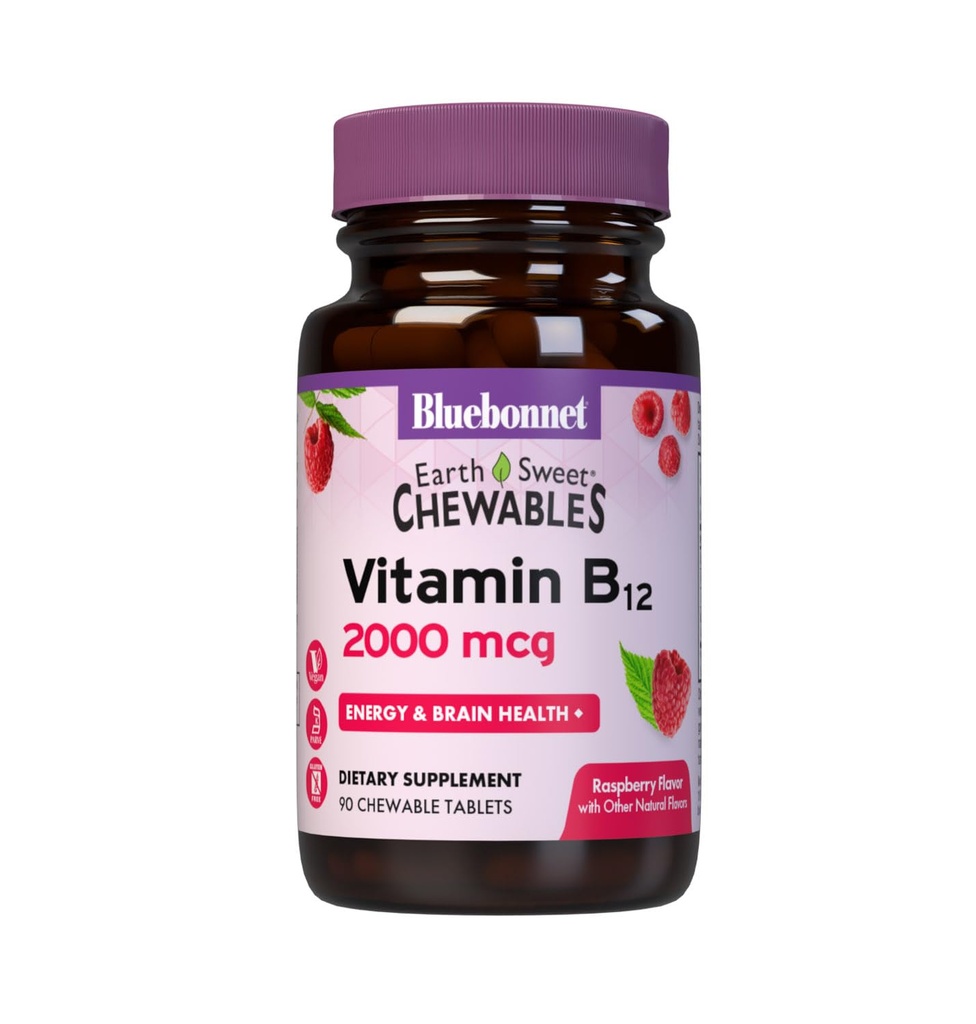 BlueBonnet Nutrition Earth Sweet Vitamin B12 2000 mcg Chewable Tablets, Soy-Free, Gluten-Free, Kosher Certified, Dairy-Free, Vegan, Raspberry Flavored, 90 compresse masticabili, 90 Serve