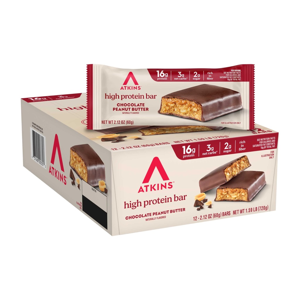 Atkins Chocolate Peanut Butter Protein Meal Bar, High Fiber, 16g Protein, Basso Zucchero, Carbo Net 3g, Carbo basso, Keto Friendly, 12 Conte