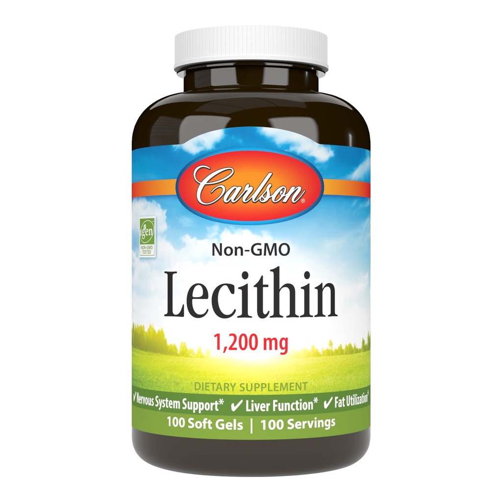 Carlson - Lecitina, Non OGM, 1200 mg, Nervous System & Liver Function, Lecitina di soia non sbiancata, 100 Softgels