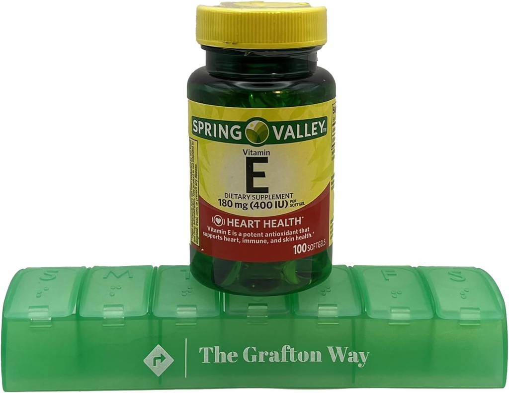 Integratore alimentare della vitamina E della valle di primavera, 180 mg, 100 conteggio con l'organizzatore di pillole di Grafton Way Complimentary