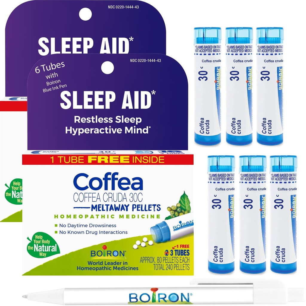 Boiron Coffea Cruda 30C - 6 Tubi Blu Totale - Aiuto Omeopatico per il sonno senza riposo, Iperattività mentale, Pensieri da corsa, e Difficoltà Dormire con penna blu inchiostro