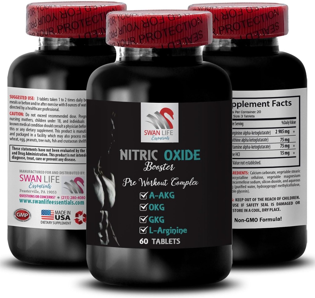 A-AKG - NITRIC OXIDE BOOSTER - integratori di ossido nitrico per gli uomini, energia di esercizio, potenza della pompa, formula di fitness, formula di resistenza, messa a fuoco delle prestazioni, miscela di energia, aumento di potenza 1 Bottiglia 60 compresse