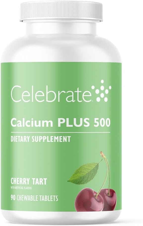 Celebrare Vitamine Calcio Plus - 500mg Citrato di Calcio, 333 IU Vitamina D3 & 34mg Magnesio per Chirurgia Post Bariatrica - Gluten-Free & Sugar-Free - Ciliegia, 90 compresse masticabili