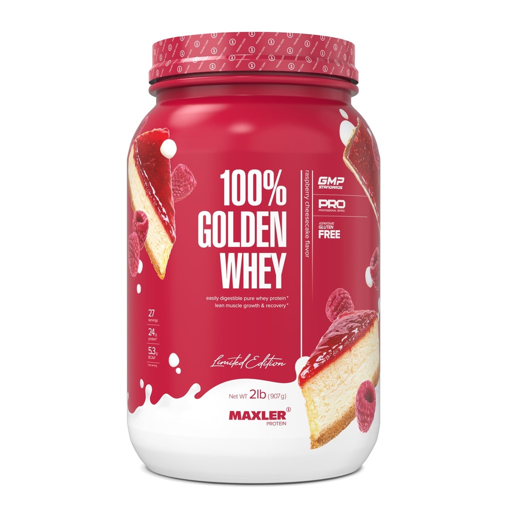Maxler 100% Golden Whey Protein - 24g di Proteine per Serving - Polvere di proteina di siero Premium per l'allenamento pre post - miscela di idrolizzato del concentrato di siero di rapido assorbimento - Raspberry Cheesecake 2 lb