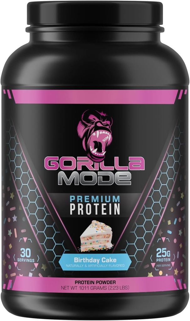 Gorilla Mind Premium Whey Protein - Torta di compleanno, 25 Grammi di Isolato di proteine del siero di siero e concentrato,Recuperare e costruire il muscolo (30 Serve)