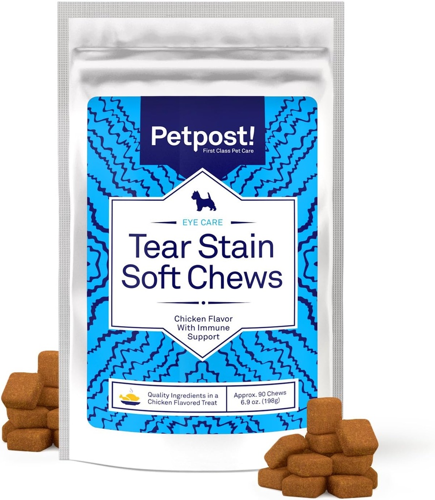 Petpost Tear Stain Remover Soft Chews for Dogs | 90 Count Chicken Flavor Dog Tear Stain Support Supplemento | Gentle Eye Care for White Dogs & Light Breeds | Tylosin Free, Made in USA