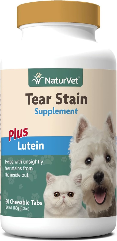 NaturVet - Tear Stain Plus Lutein - elimina le macchie di Tear senza vista - potenziato con estratto di mirtillo, calcio ascorbate & Oregon radice di uva - per cani e gatti - 60 compresse