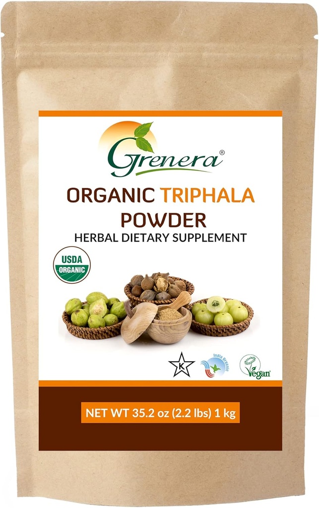 Grenera Organic Triphala Polvere 2.2 lb (35.2 oncia) - Realizzata con Amalaki Organico, Bibhitaki Organico, Frutta Haritaki Organica - USDA Organic, Vegan, Certificato Kosher