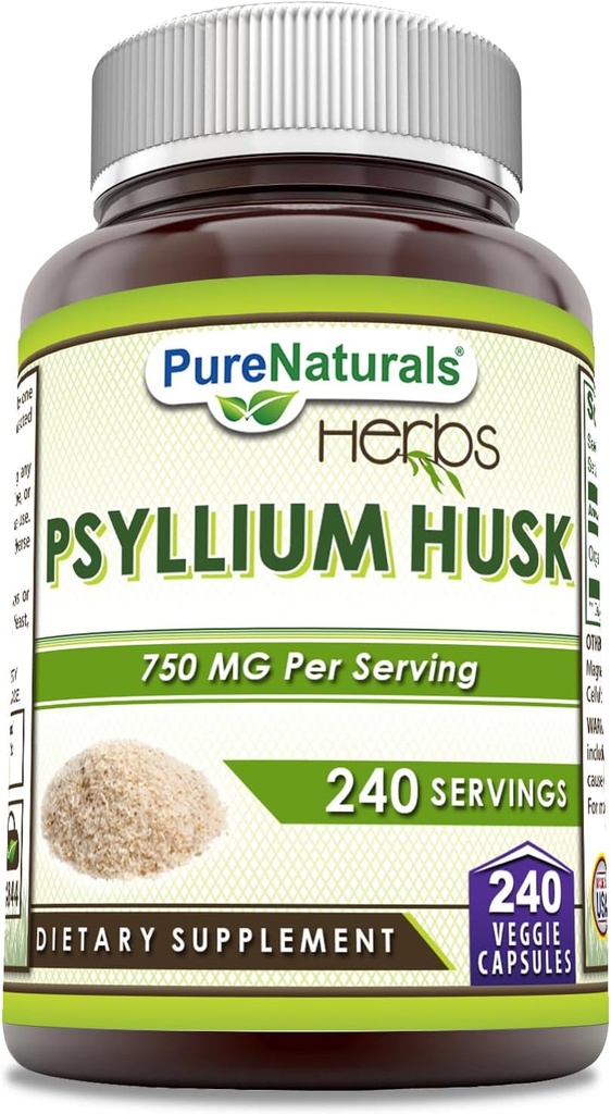Pure Naturals Psyllium Husk Supplement | 750 Mg Per Serving | 240 Veggie Capsule | Non OGM | Gluten-Free | Made in USA