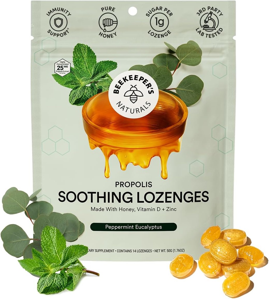 Gocce di tosse di eucalipto della menta di apicoltore, supporto immunitario con vitamina D, zinco e propoli, raffreddamento e gola Lozenges rilassante, 14 Ct